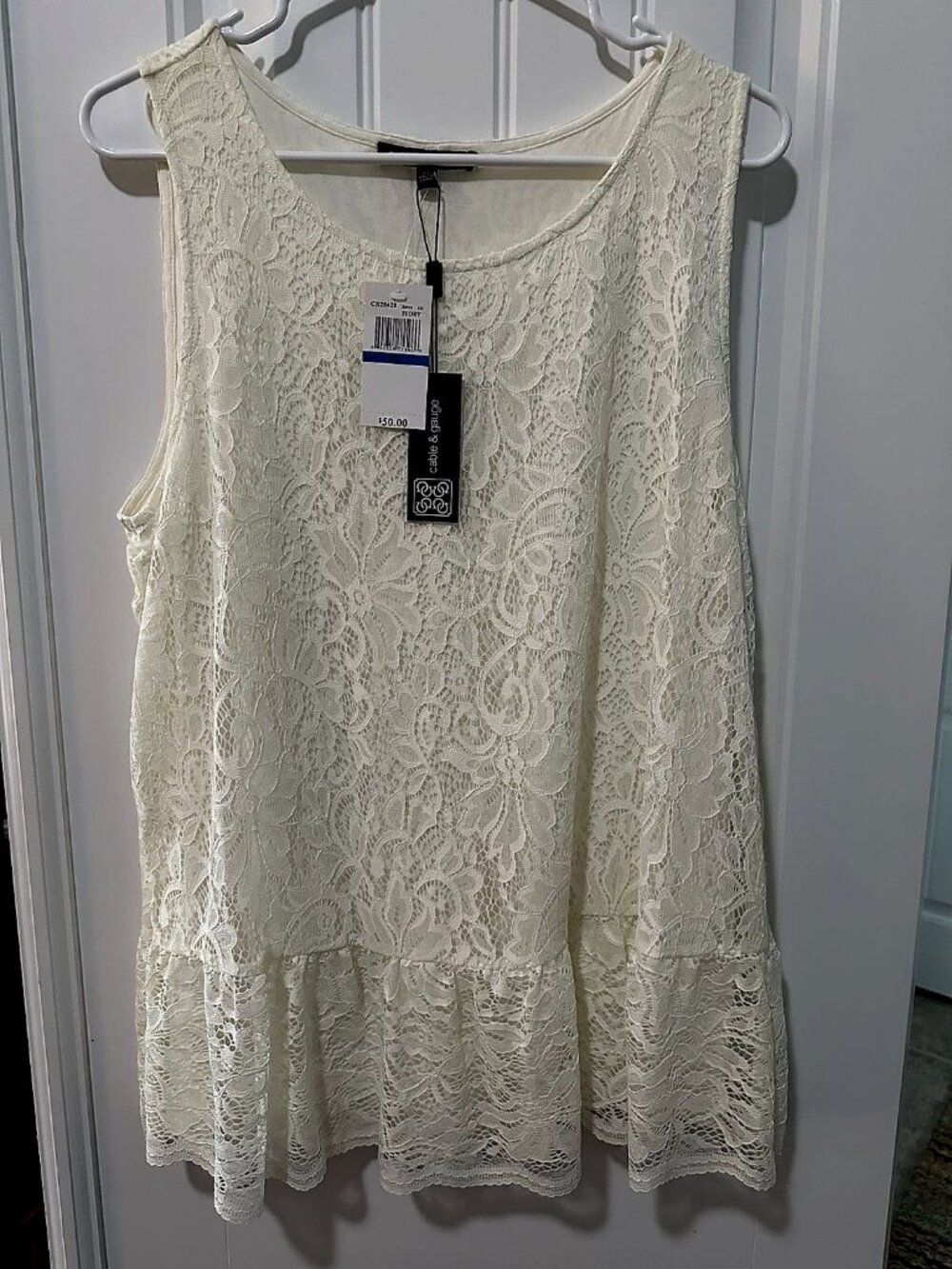Cable & Gauge Ivory Lace Sleeveless Top with Ruffle Peplum Hem - New with Tags